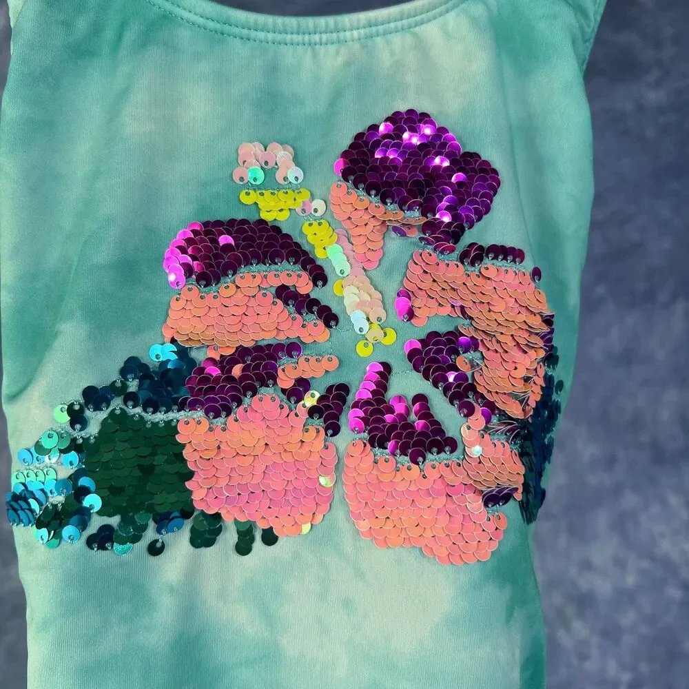 Lands’ End Girls Youth One Piece Swimming Suits Sz 12 Teal Sequins EUC